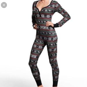 🎄VICTORIAS SECRET PINK 🎄 FAIR ISLE LONG JANE THERMAL ONESIE PAJAMA BLACK